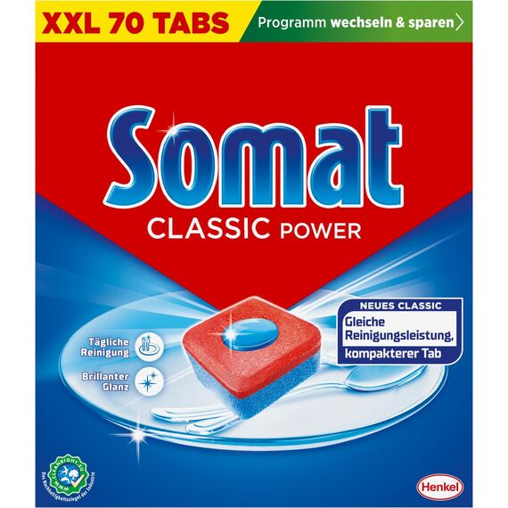 Somat Classic Power Spülmaschinen Tabs, 140 Tabs (2x 70 Tabs), Geschirrspül Tabs mit Fettlösekraft für kraftvolle Reinigung, Spültabs für strahlend sauberes Geschirr sogar bei niedrigen Temperaturen