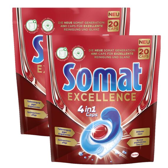 Somat Excellence 4in1 Caps, 40 (2 x 20) Caps, Spülmaschinen-Caps für exzellente Reinigung, brillanten Glanz und sorgfältige Pflege für Geschirr und Spülmaschine