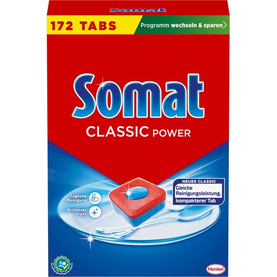 SOMAT Classic Power Spülmaschinen Tabs (172 AW), Geschirrspül Tabs mit Fettlösekraft für kraftvolle Reinigung & strahlend sauberes Geschirr sogar bei niedrigen Temperaturen + 5in1 Spezial-Salz 1,2 kg