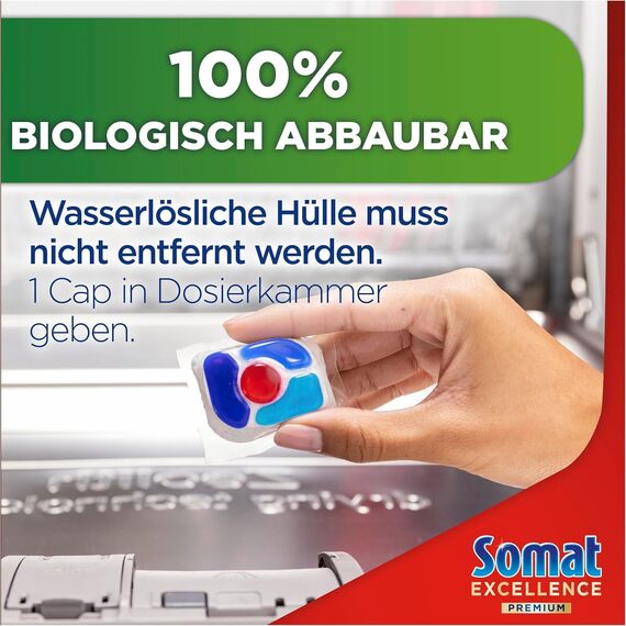 SOMAT Excellence Premium 5in1 Caps (2 x 42 AW), schnellauflösende Spülmaschinentabs mit Extra Boost auch im Niedrigtemperatur-, Kurz- & Eco-Programm, entfernen selbst 72 h eingetrocknete Essensreste