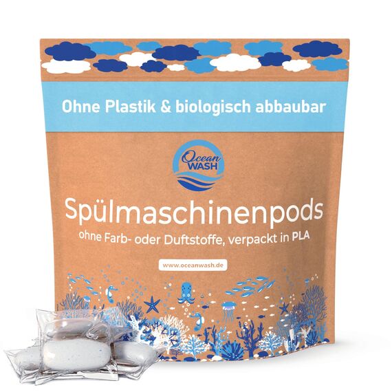 OceanWash Spülmaschinenpods ohne Plastik, Farb- und Duftstoffe, biologisch abbaubare Geschirr-Spültabs ohne Parfum, vegane Tabs für Geschirrspüler, verpackt in PLA