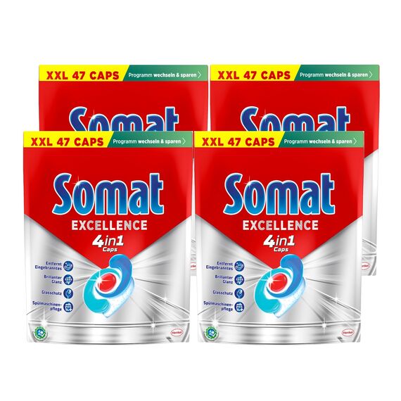 Somat Excellence 4in1 Caps, 188 Caps (4x 47 Caps), schnellauflösende Spülmaschinentabs, Somat Caps für exzellente Reinigung & Glanz sogar im Eco-Programm & bei niedrigen Temperaturen