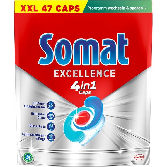 Somat Excellence 4in1 Caps, 188 Caps (4x 47 Caps), schnellauflösende Spülmaschinentabs, Somat Caps für exzellente Reinigung & Glanz sogar im Eco-Programm & bei niedrigen Temperaturen