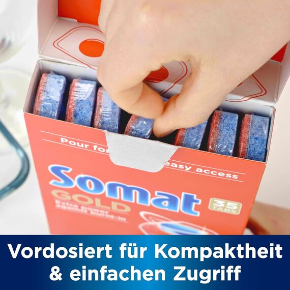 Somat Gold Spülmaschinen Tabs (35 Tabs), Geschirrspültabs für strahlend sauberes Geschirr auch bei niedrigen Temperaturen, Extra-Kraft gegen Eingebranntes, kompakte Verpackung für mehr Nachhaltigkeit