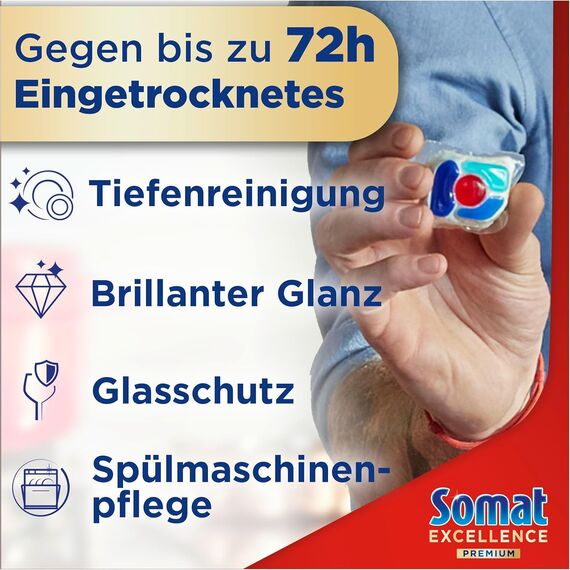 SOMAT Excellence Premium 5in1 Caps (2 x 42 AW), schnellauflösende Spülmaschinentabs mit Extra Boost auch im Niedrigtemperatur-, Kurz- & Eco-Programm, entfernen selbst 72 h eingetrocknete Essensreste