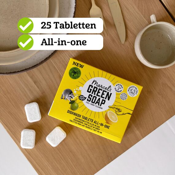 Marcel’s Green Soap Spülmaschinen Tabs – All-in-One Geschirrspültabs – 25 Stück – Vegan, Palmölfrei, Ohne Mikroplastik, 99,6% Biologisch abbaubar – Eco, Nachhaltig, Für Spülmaschine