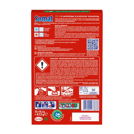 Somat Gold Spülmaschinen Tabs (35 Tabs), Geschirrspültabs für strahlend sauberes Geschirr auch bei niedrigen Temperaturen, Extra-Kraft gegen Eingebranntes, kompakte Verpackung für mehr Nachhaltigkeit