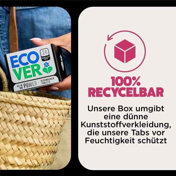 Ecover Spülmaschinentabs Power, mit Geschirrspülsalz und Klarspüler, kraftvolle Reinigung, Mandarinen- und Zitronengrasduft, 24 Tabs Packung