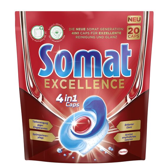 Somat Excellence 4in1 Caps, 160 (8 x 20) Caps, Spülmaschinen-Caps für exzellente Reinigung, brillanten Glanz und sorgfältige Pflege für Geschirr und Spülmaschine