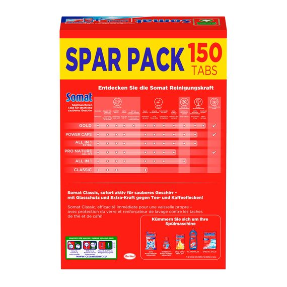 Somat Classic Spülmaschinen Tabs, 150 Tabs, Geschirrspül Tabs für die tägliche Reinigung von Besteck und Geschirr, mit Extra-Kraft und Schutz vor Glaskorrosion