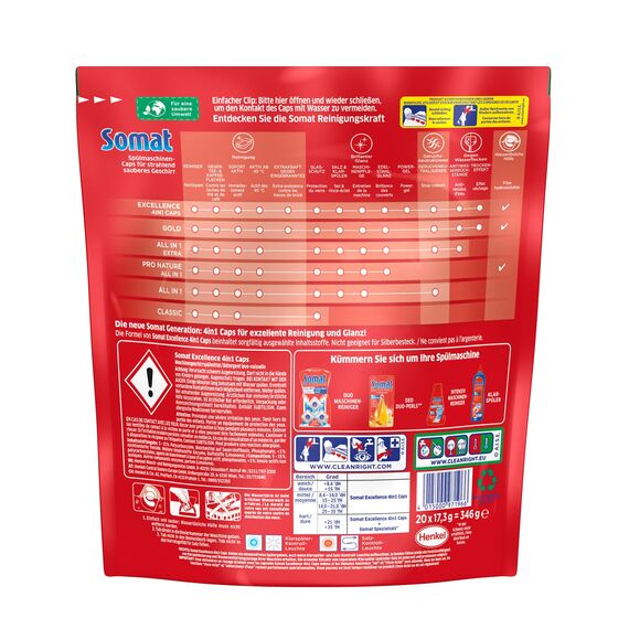 Somat Excellence 4in1 Caps, 160 (8 x 20) Caps, Spülmaschinen-Caps für exzellente Reinigung, brillanten Glanz und sorgfältige Pflege für Geschirr und Spülmaschine