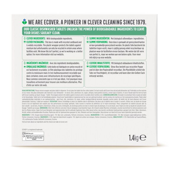 Ecover Spülmaschinentabs Classic, mit Geschirrspülsalz und Klarspüler, kraftvolle Reinigung, Zitronen- und Limettenduft, 70 Tabs Packung