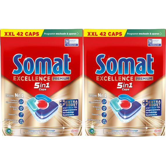 SOMAT Excellence Premium 5in1 Caps (2 x 42 AW), schnellauflösende Spülmaschinentabs mit Extra Boost auch im Niedrigtemperatur-, Kurz- & Eco-Programm, entfernen selbst 72 h eingetrocknete Essensreste