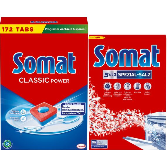 SOMAT Classic Power Spülmaschinen Tabs (172 AW), Geschirrspül Tabs mit Fettlösekraft für kraftvolle Reinigung & strahlend sauberes Geschirr sogar bei niedrigen Temperaturen + 5in1 Spezial-Salz 1,2 kg