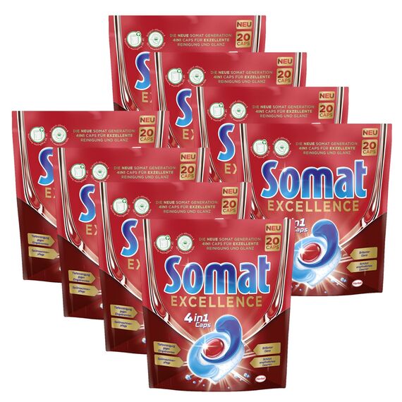 Somat Excellence 4in1 Caps, 160 (8 x 20) Caps, Spülmaschinen-Caps für exzellente Reinigung, brillanten Glanz und sorgfältige Pflege für Geschirr und Spülmaschine