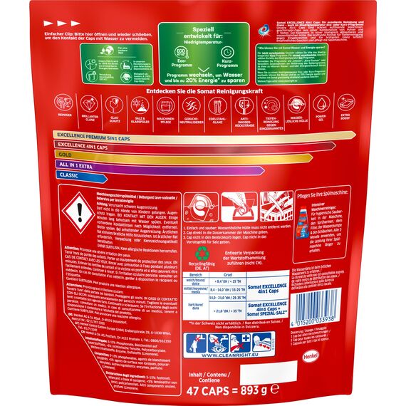 Somat Excellence 4in1 Caps, 188 Caps (4x 47 Caps), schnellauflösende Spülmaschinentabs, Somat Caps für exzellente Reinigung & Glanz sogar im Eco-Programm & bei niedrigen Temperaturen