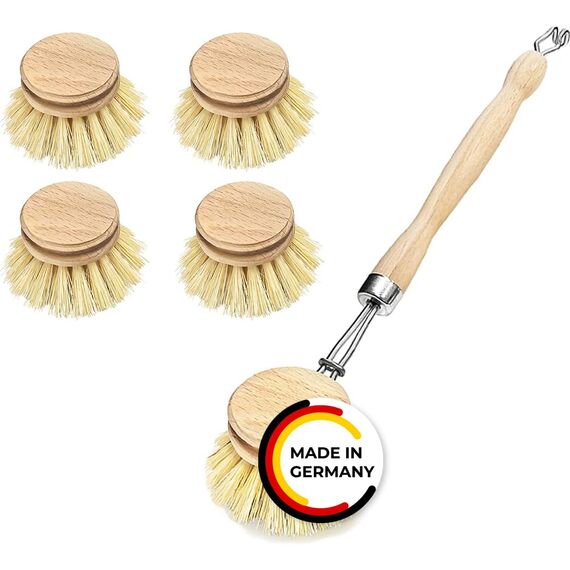 Spülbürste Holzspülbürste + 4 Ersatzköpfe. Nachhaltige Bürsten aus zertifiziertem Buchenholz und Natur Fibre Pflanzenborsten. Langlebig, praktisch und CO²-neutral - Made in Germany