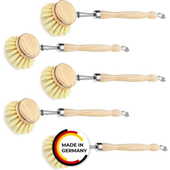 Spülbürste Holzspülbürste 5er Set. Bürstenköpfe austauschbar. Nachhaltige Bürsten aus zertifiziertem Buchenholz und Natur Fibre Pflanzenborsten. Langlebig, praktisch und CO²-neutral - Made in Germany