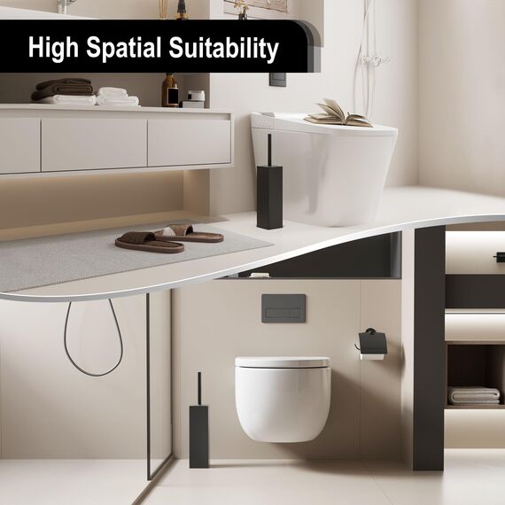 BVL WC Bürsten & Halter Schwarz, Metall Toilettenbürste Inklusive 2 Bürstenköpfe, Freistehende Quadratisch Silikon Toilettenbürste für das Badezimmer