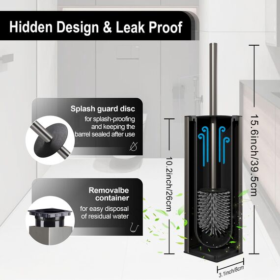 BVL WC Bürsten & Halter Grau, Metall Toilettenbürste Inklusive 2 Bürstenköpfe, Freistehende Quadratisch Silikon Toilettenbürste für das Badezimmer