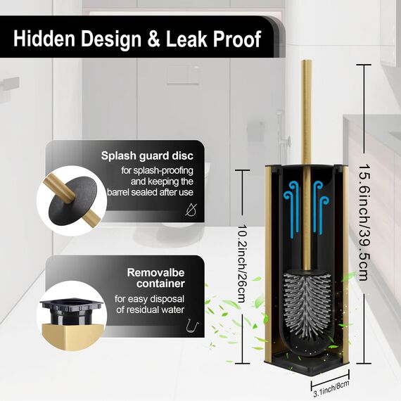 BVL WC Bürsten & Halter Gebürstetes Gold, Metall Toilettenbürste Inklusive 2 Bürstenköpfe, Freistehende Quadratisch Silikon Toilettenbürste für das Badezimmer