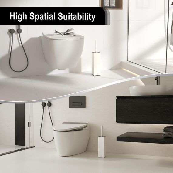 BVL WC Bürsten & Halter Weiß, Metall Toilettenbürste Inklusive 2 Bürstenköpfe, Freistehende Quadratisch Silikon Toilettenbürste für das Badezimmer