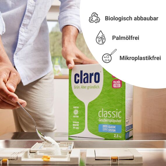 claro Classic Öko Geschirrspülpulver - 2,8 KG Spülmaschinen-Pulver - phosphatfrei, umweltfreundlich & vegan - 155 Spülgänge