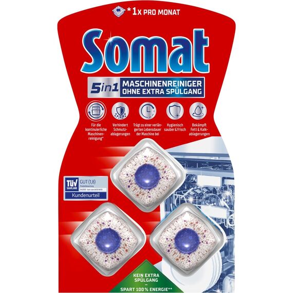 SOMAT 5in1 Spülmaschinen-SET, Klarspüler 750 ml + Maschinenreiniger Tabs 3 Stück + Intensiv-Maschinenreiniger 250 ml + Spezial Salz