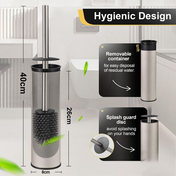 DAZI Klobürste freistehende metallisch, klobürste mit 2 Langen toilettenbürste silikon für eine Tiefenreinigung des Waschbeckens, WC Bürste mit Tropf- und Verstopfungshemmung. (Gebürsteter Nickel)
