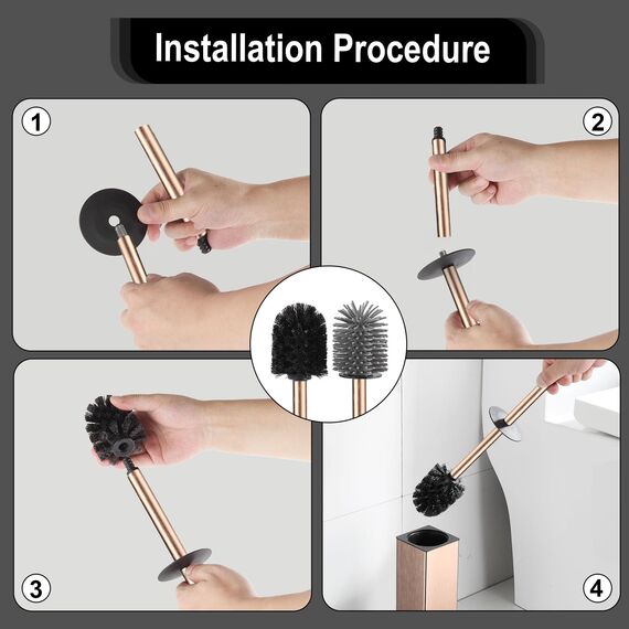 BVL WC Bürsten & Halter Roségold, Metall Toilettenbürste Inklusive 2 Bürstenköpfe, Freistehende Quadratisch Silikon Toilettenbürste für das Badezimmer