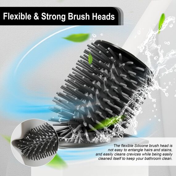 BVL WC Bürsten & Halter Weiß, Metall Toilettenbürste Inklusive 2 Bürstenköpfe, Freistehende Quadratisch Silikon Toilettenbürste für das Badezimmer