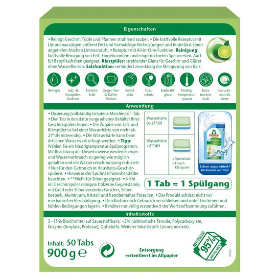 Frosch Limonen Geschirrspül-Tabs, umweltfreundlich, mit wasserlöslicher Folie, für die tägliche Reinigung von Besteck und Geschirr, 50 Tabs, 50 stück
