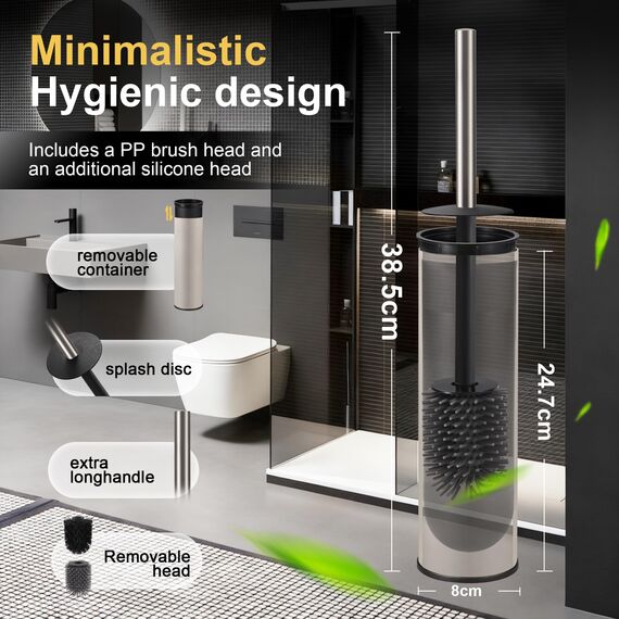 DAZI Klobürste freistehende metallisch, klobürste mit 2 Langen toilettenbürste silikon für eine Tiefenreinigung des Waschbeckens, WC Bürste mit Tropf- und Verstopfungshemmung. (Gebürsteter Nickel)