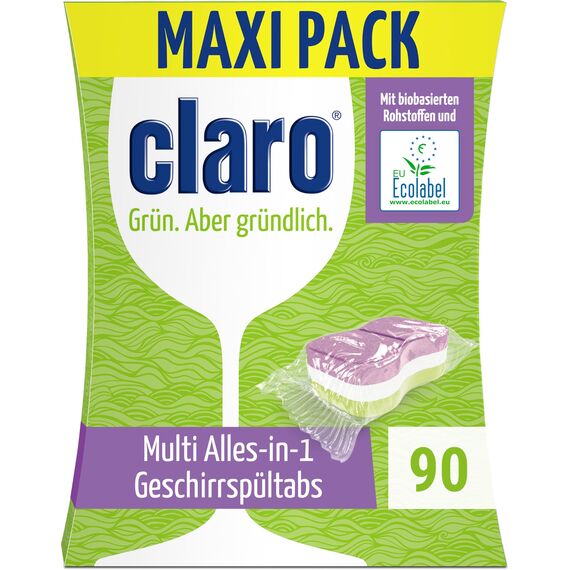 claro Multi All-in-1 Geschirrspül-Tabs - 90 Spülmaschinen-Tabs - phosphatfrei, umweltfreundlich & vegan - wasserlösliche Folie