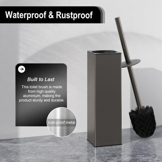 BVL WC Bürsten & Halter Grau, Metall Toilettenbürste Inklusive 2 Bürstenköpfe, Freistehende Quadratisch Silikon Toilettenbürste für das Badezimmer