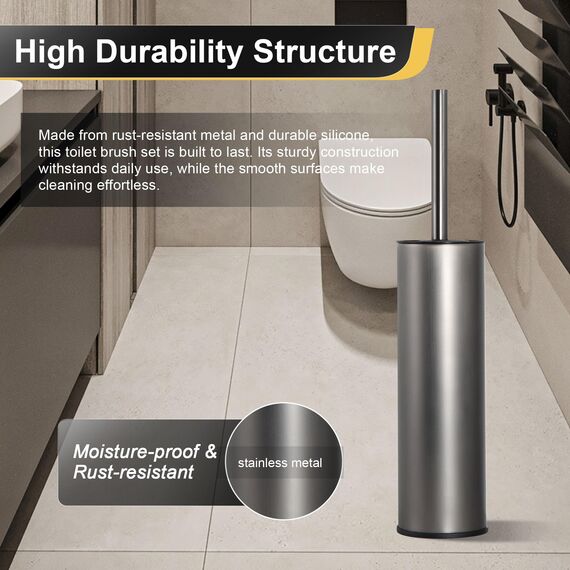 DAZI Klobürste freistehende metallisch, klobürste mit 2 Langen toilettenbürste silikon für eine Tiefenreinigung des Waschbeckens, WC Bürste mit Tropf- und Verstopfungshemmung. (Grau)