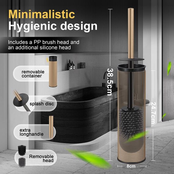 DAZI Klobürste freistehende, klobürste mit 2 Langen toilettenbürste silikon für eine Tiefenreinigung des Waschbeckens, WC Bürste mit Tropf-und Verstopfungshemmung. (Gebürstetes Champagnergold)
