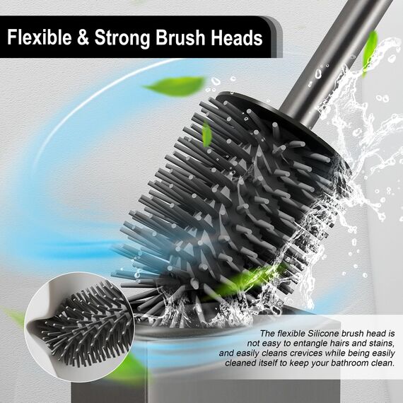BVL WC Bürsten & Halter Grau, Metall Toilettenbürste Inklusive 2 Bürstenköpfe, Freistehende Quadratisch Silikon Toilettenbürste für das Badezimmer