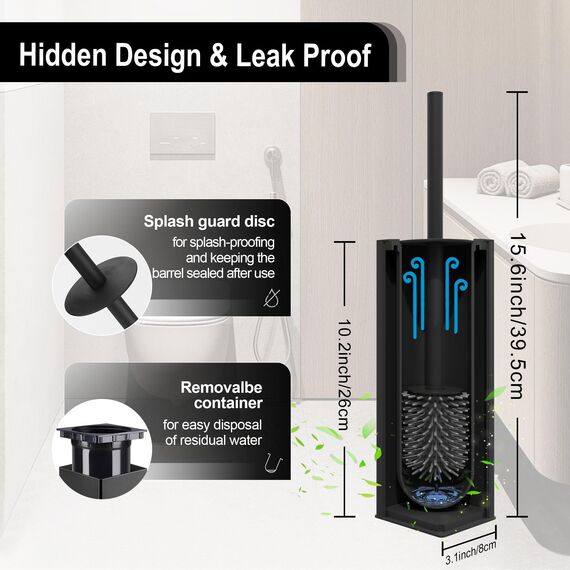 BVL WC Bürsten & Halter Schwarz, Metall Toilettenbürste Inklusive 2 Bürstenköpfe, Freistehende Quadratisch Silikon Toilettenbürste für das Badezimmer