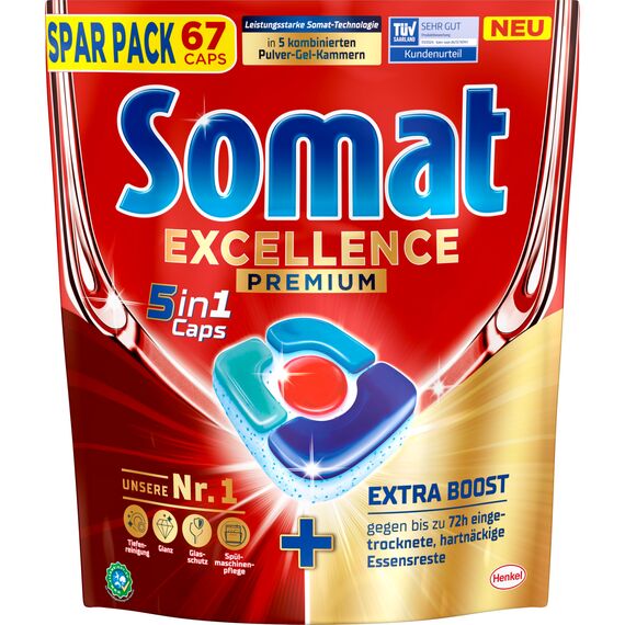 Somat Excellence Premium 5in1 Caps (134 Caps), schnellauflösende Spülmaschinentabs mit Extra Boost, Somat Caps entfernen selbst 72 h eingetrocknete, hartnäckige Essensreste