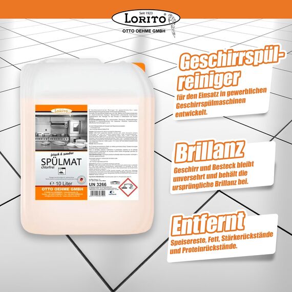 Lorito frisch & sauber Spülmat Spülmaschine, 10 Liter, Geschirrspülreiniger für gewerbliche Geschirrspülmaschinen, schnelltrocknend, pflegend, 10 Liter Kanister