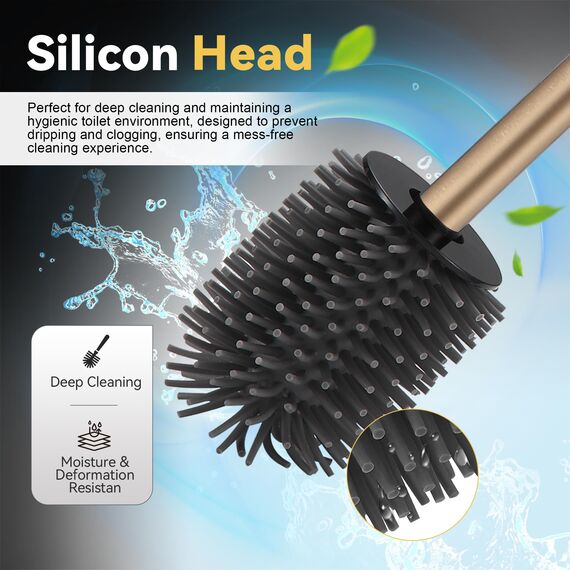 DAZI Klobürste freistehende, klobürste mit 2 Langen toilettenbürste silikon für eine Tiefenreinigung des Waschbeckens, WC Bürste mit Tropf-und Verstopfungshemmung. (Gebürstetes Champagnergold)