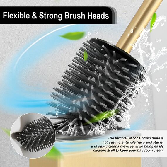 BVL WC Bürsten & Halter Gebürstetes Gold, Metall Toilettenbürste Inklusive 2 Bürstenköpfe, Freistehende Quadratisch Silikon Toilettenbürste für das Badezimmer