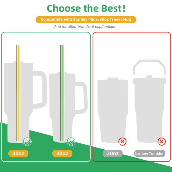 Glasstrohhalme 31cm Lange Durchmesser 1cm für Stanley Adventure Quencher Reisebecher 40oz, 8 Stück Bunt Ersatz Trinkhalme mit 2 Reinigungsbürsten, Wiederverwendbar Strohhalme, Stanley Cup Zubehör