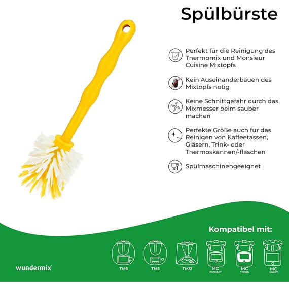 Wundermix - Mixtopf-Spülbürste für deine Küchenmaschine (1 St.) • Reinigungsbürste für Mixtöpfe gängiger Küchenmaschinen • Robuste Bürste mit Nylon-Borsten • Spülbürste (Gelb)