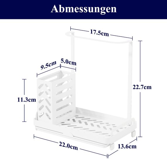 Kitsure Küchen Organizer - Spülbecken Organizer aus Edelstahl, Multifunktionaler Organizer Küchen mit abnehmbarer Auffangwanne, Schwammhalter Küche, 22.0cm x 13.6cm x 22.7cm, Weiß