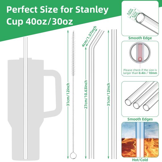 Glasstrohhalme für Stanley Cup 40/30oz, 8 Stück Ersatz Glas Strohhalm Lang 31cm Durchmesser 1cm mit 2 Bürsten, Transparent Langer Strohhalm Glas für Stanley Quencher 1,18L/887ml (4 Gerade + 4 Gebogen)