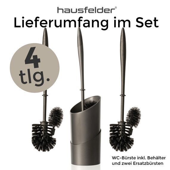 Hausfelder Klobürste mit Randreiniger Schwarz – WC Bürste für unter den Rand mit Halter & 2 Ersatzbürsten, stabile Toilettenbürste Set mit Randbürste﻿