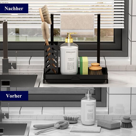 Kitsure Küchen Organizer - Spülbecken Organizer aus Edelstahl, Multifunktionaler Organizer Küchen mit abnehmbarer Auffangwanne, Schwammhalter Küche, 22.0cm x 13.6cm x 22.7cm, Schwarz