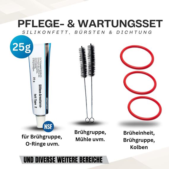 fancility® Set für Brüheinheit DeLonghi & AEG, 25g Silikonfett für Kaffeevollautomaten, 3 Dichtungen u.a. ECAM ESAM ETAM Brühgruppe, Anpress-kolben Dichtungsringe, O-Ringe Ersatzteile (2 Bürsten)